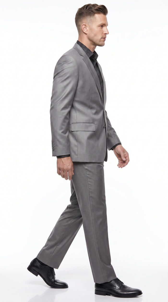 Men’s Silver Gray Shiny Sharkskin 2 Button Suit, Formal Wedding Business Dress Suit