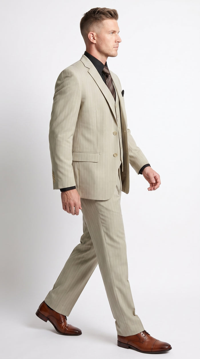 Men’s Tan Beige Pinstripe 3 Piece Vested Suit, 2 Button Formal Wedding Business Dress Suit