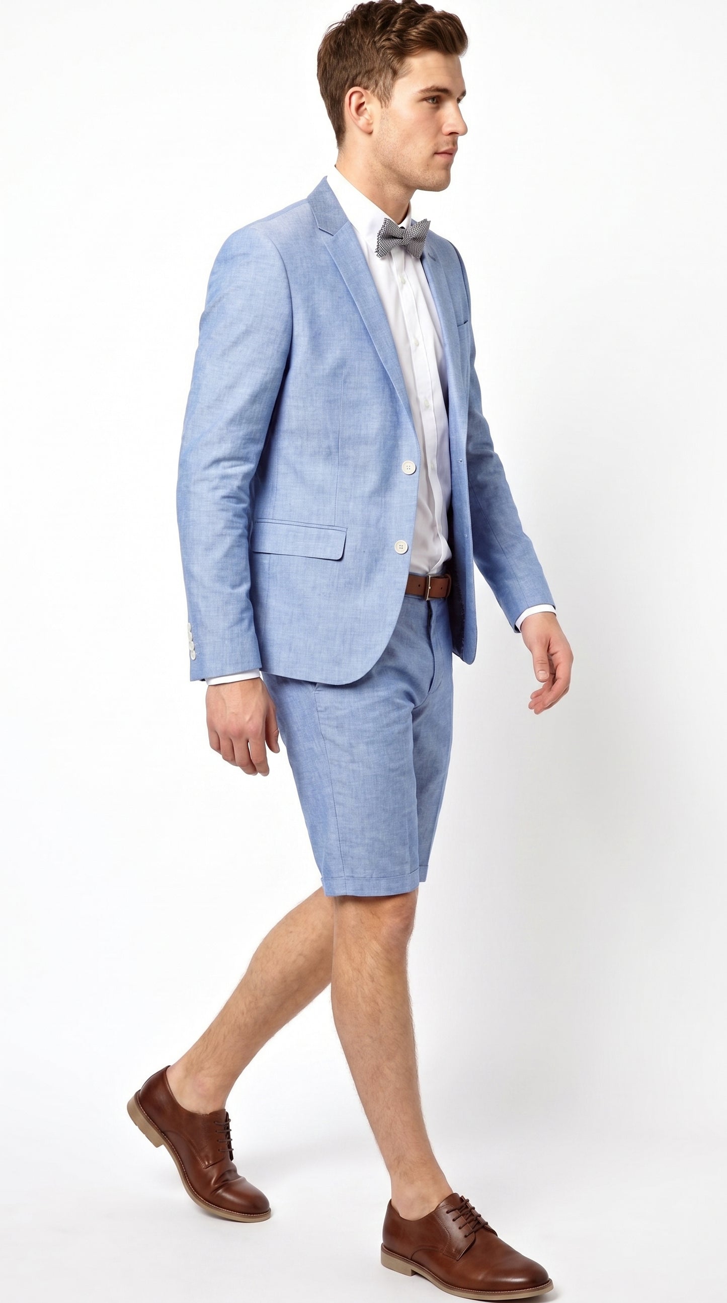 Men’s Light Blue Short Pants Suit Set, 2 Button Summer Wedding Prom Outfit