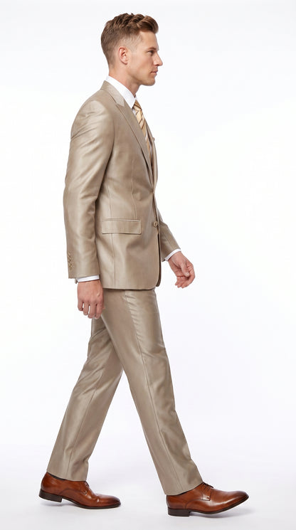 Men’s Tan Shiny Sharkskin 2 Button Suit, Peak Lapel Formal Wedding Business Dress Suit Modern Fit
