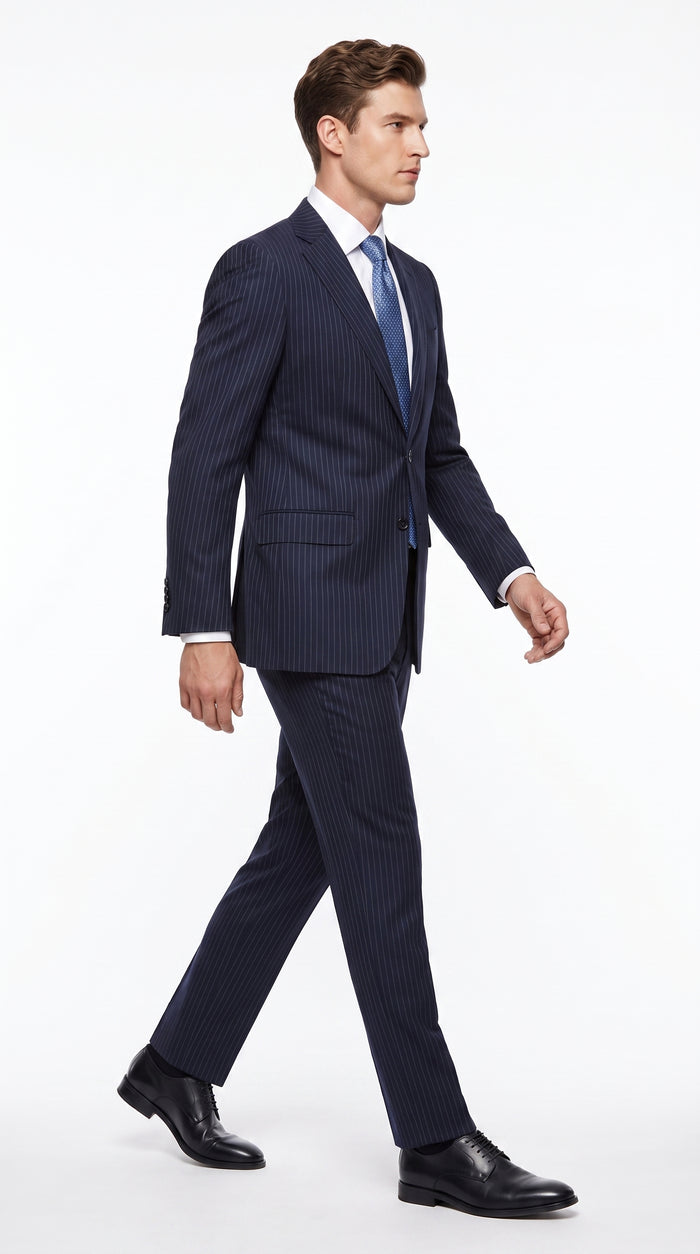 Men’s Dark Navy Pinstripe 2 Button Suit, Side Vent Back Formal Business Dress Suit