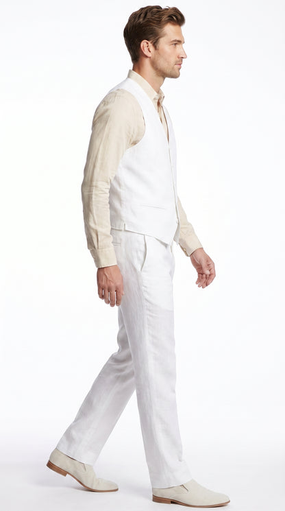 Men'S Beach WeddinMen’s White Linen Beach Wedding Vest and Pants Set, Formal Waistcoat Tuxedo Outfitg Tuxedo Linen Dress Tuxedo Wedding Men'S Vest ~ Waistcoat ~ Waist Coat & Pants