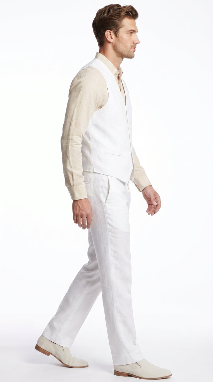 Men'S Beach WeddinMen’s White Linen Beach Wedding Vest and Pants Set, Formal Waistcoat Tuxedo Outfitg Tuxedo Linen Dress Tuxedo Wedding Men'S Vest ~ Waistcoat ~ Waist Coat & Pants