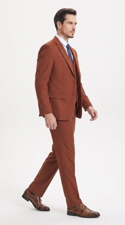 Men’s Brown Rust Stacy Adams 2 Button Vested Suit, Basic Designer 3 Piece Formal Dress Suit Modern Fit