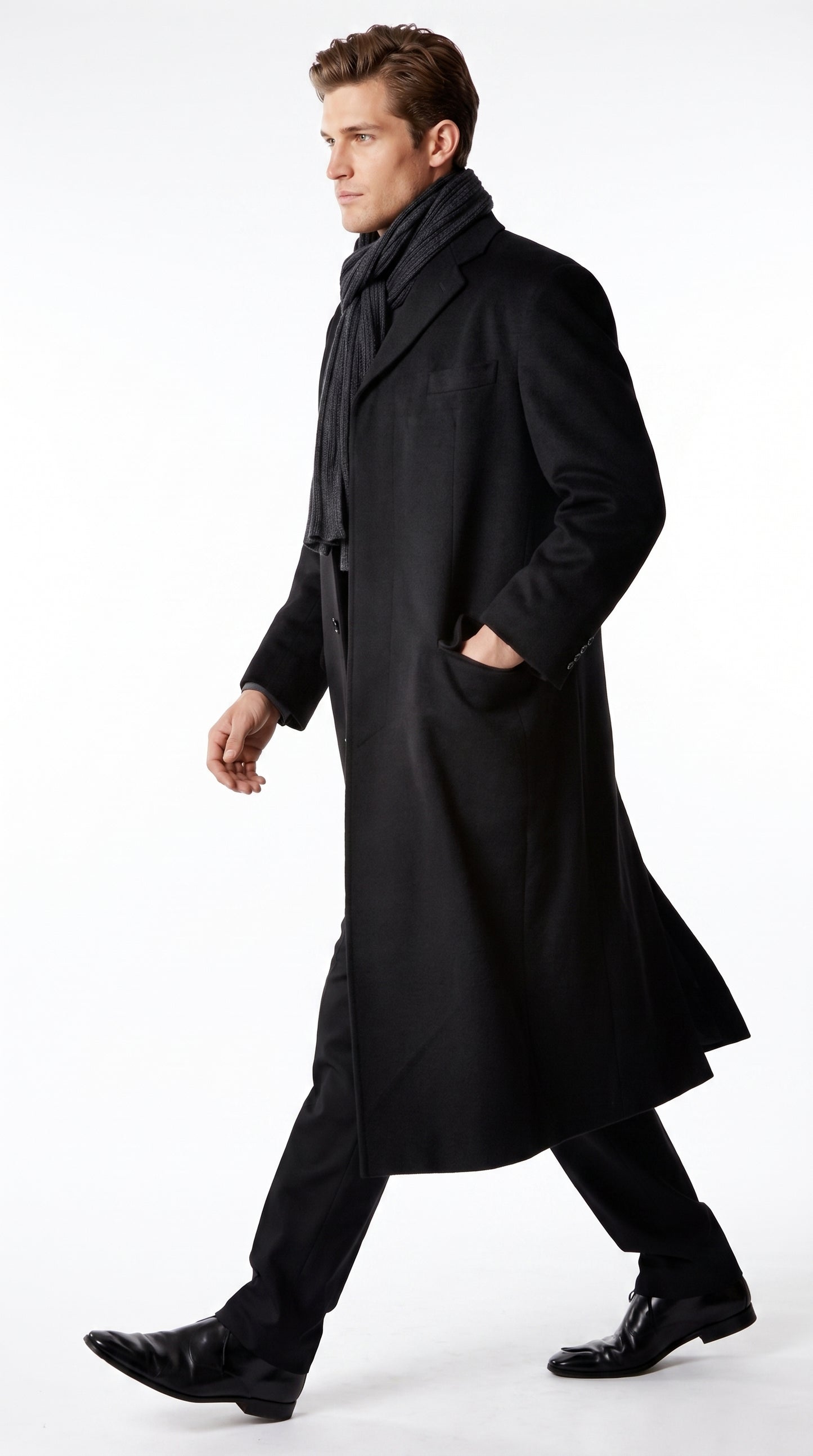 Alberto Nardoni Men’s Black Full Length Cashmere Blend Overcoat, Loro Piana Fabric Winter Dress Topcoat