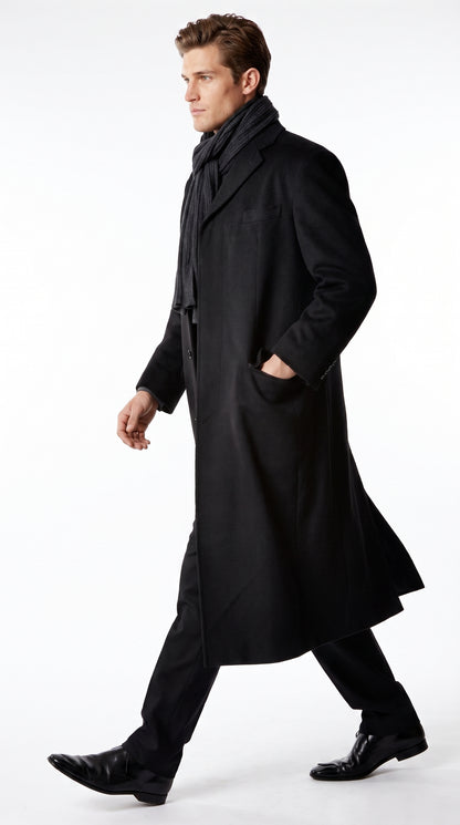 Alberto Nardoni Men’s Black Full Length Cashmere Blend Overcoat, Loro Piana Fabric Winter Dress Topcoat