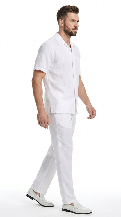 Men’s White 100% Linen Walking Suit, Short Sleeve Shirt and Pleated Pants Casual Two Piece Set