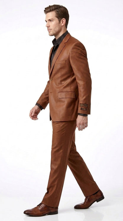 Men’s Rust Sharkskin 2-Piece Suit – Designer Two-Button Formal Suit with Sheen Finish