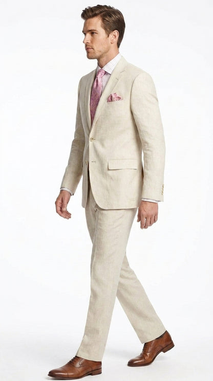 Men’s Natural Linen 2 Piece Suit, Regular Fit Summer Wedding Beach Dress Suit
