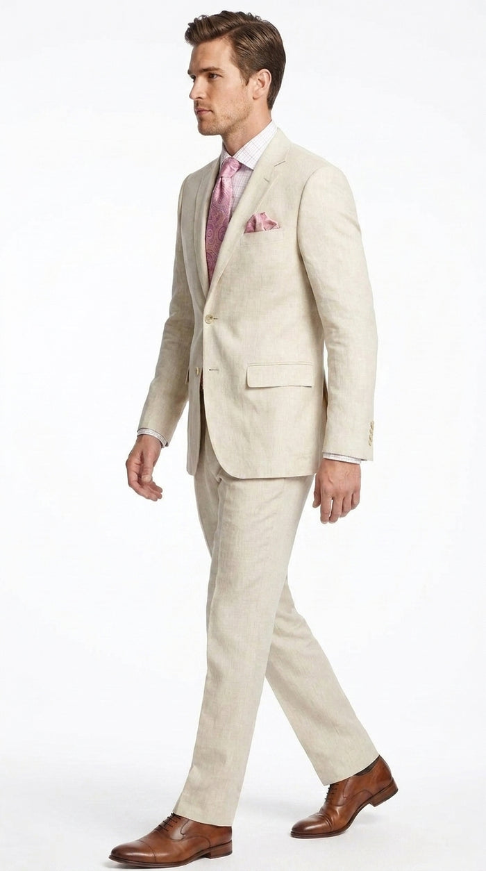 Men’s Natural Linen 2 Piece Suit, Regular Fit Summer Wedding Beach Dress Suit