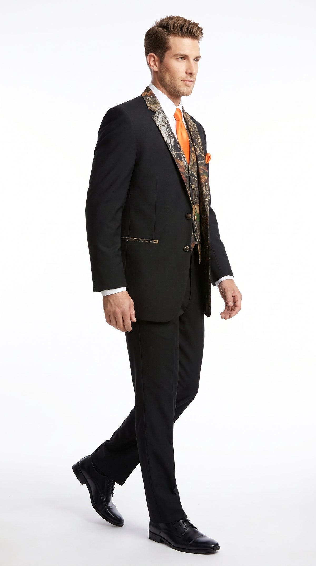 Men’s Black Camo Tuxedo Suit, Slim Fit 2 Button Wedding Prom Suit with Camouflage Vest and Lapels