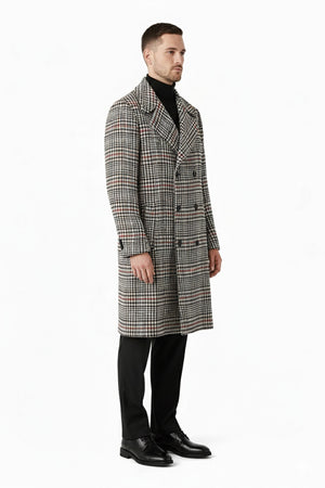 Men's Houndstooth Six Button Front Double Breasted Wool Overcoat - Image 2
