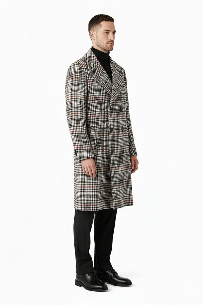 Men's Houndstooth Six Button Front Double Breasted Wool Overcoat - Image 2