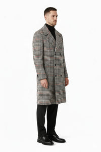 Men's Houndstooth Six Button Front Double Breasted Wool Overcoat