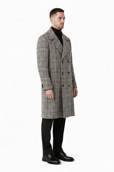 Men's Houndstooth Six Button Front Double Breasted Wool Overcoat - Image 2