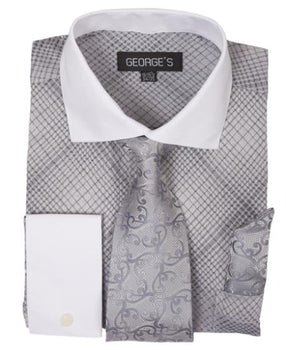 black dress shirt with silver tie Silver Long Sleeve White Collar Two Toned Contrast Check Pattern Fashion Tie Set Men'S Dress Shirt Silver / 15.5” Neck / 34-35” Sleeve