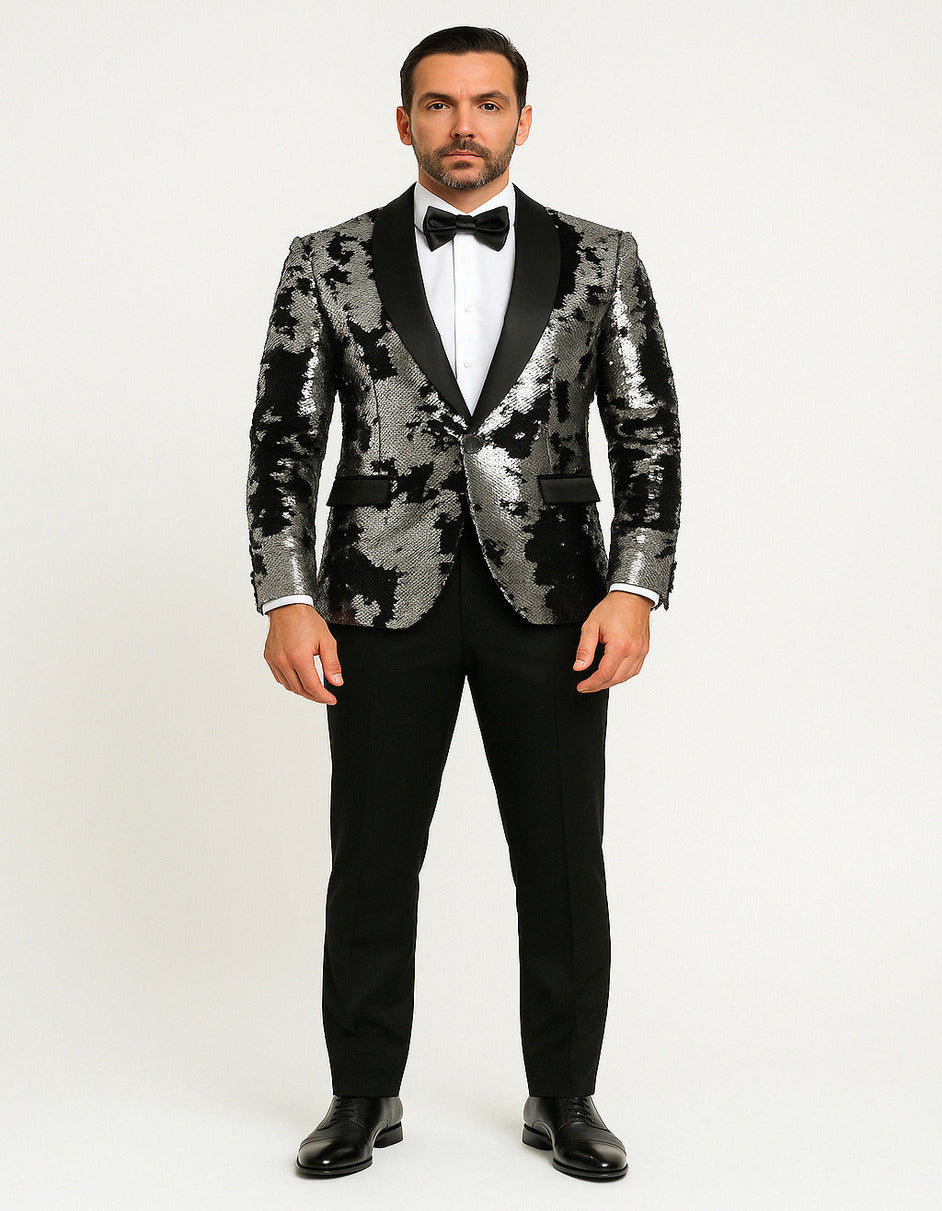 Men's Black and Silver Gray Sequin Tuxedo Blazer With Black Pants - Image 2