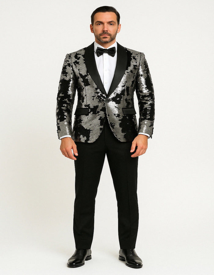 Men's Black and Silver Gray Sequin Tuxedo Blazer With Black Pants - Image 2