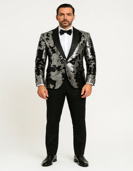 Men's Black and Silver Gray Sequin Tuxedo Blazer With Black Pants - Image 2