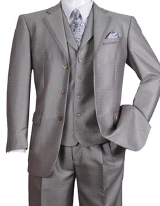 Three Button Suit - Classic Fit Pleated Pants - Mens 3 Button Vested Textured Shiny Sharkskin Silver Grey Church Suit