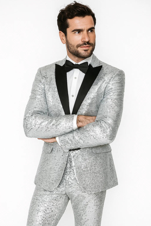 Sequin Suit - Silver Grey Shiny Suit Perfect for Stage or Prom Fancy Pattern Glitter Fabric