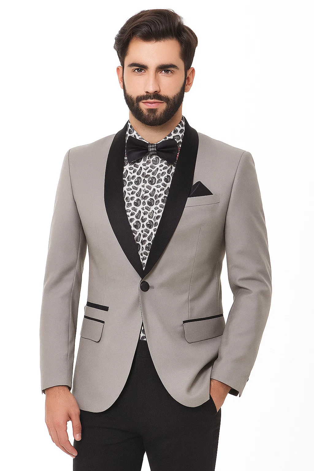 Cheap Priced Blazer Jacket For Men Online Silver Slim Fit Two Toned Black Lapel Shawl Collar Dinner Jacket Looking! - Image 2