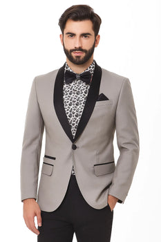 Cheap Priced Blazer Jacket For Men Online Silver Slim Fit Two Toned Black Lapel Shawl Collar Dinner Jacket Looking! - Image 2