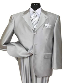 Three Button Suit - Classic Fit Pleated Pants - Mens Classic Fit 3 Button Shiny Sharkskin Silver Grey Suit