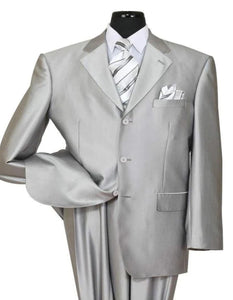 Three Button Suit - Classic Fit Pleated Pants - Mens Classic Fit 3 Button Shiny Sharkskin Silver Grey Suit