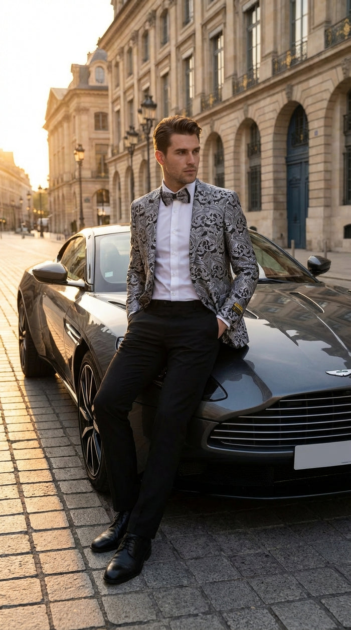 Silver and Black Paisley Prom Blazer Jacket