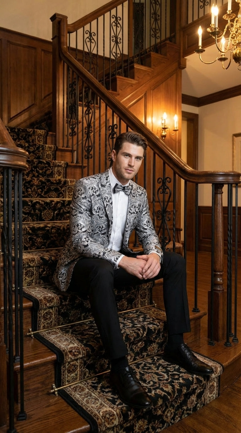 Silver and Black Paisley Prom Blazer Jacket