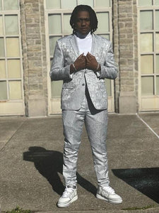Graduation Suit - Men's Slim Fit Shiny Paisley Prom & Wedding Suit in Silver Grey