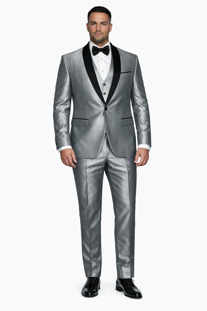 Silver Shiny Tuxedo Vested Suit - Sateen Sharkskin Fabric Groom Suit