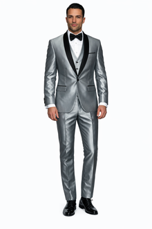 Silver Shiny Tuxedo Vested Suit - Sateen Sharkskin Fabric Groom Suit