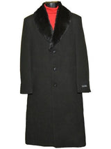 Men's Dress Coat Fur Collar Black 3 Buttons Wool Full Length Overcoats