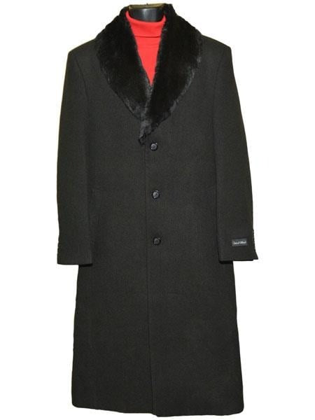 Men's Dress Coat Fur Collar Black 3 Buttons Wool Full Length Overcoats