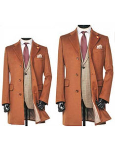 Men's Dress Coat 3 Button Copper ~ Rust ~ Cognac Dakr Orange Wool Overcoat