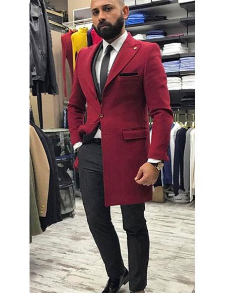 Men's Burgundy Buttons Closure Peak Lapel Besom Chest Pocket Jacket