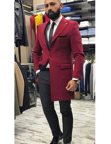 Men's Burgundy Buttons Closure  Peak Lapel Besom Chest Pocket Jacket