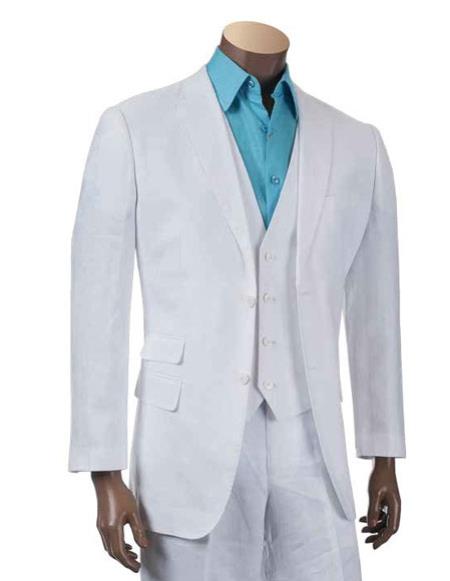 Men'S Two Buttons Linen Fashion Vested White 3 Piece Suit - Mens Linen Suit