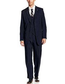 Men's 3 Piece Peak Lapel Polyester Pinstripe Big & Tall Dark Navy Blue Suit For Men