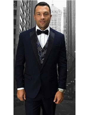 Men's Statement Suits Clothing Confidence Modern Fit Dark Navy 1 Button Fancy Vest Tuxedo