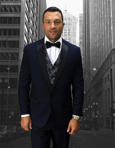 Men'S Dark Navy Fancy Vest Tuxedo Modern Fit Suits