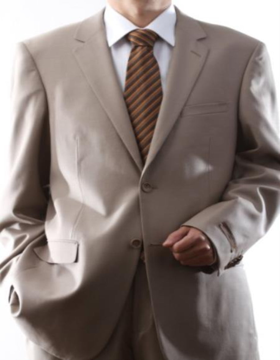 Men's 2 Button Super 140s Tan ~ Beige Dress Suit Tan - 100% Percent Wool Fabric Suit - Worsted Wool Business Suit