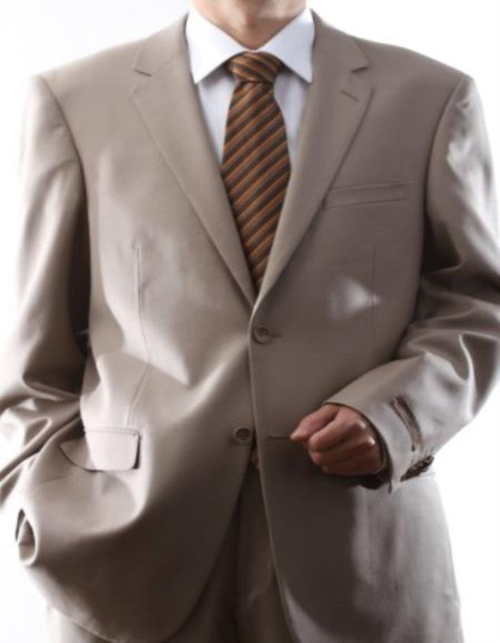 Men's 2 Button Super 140s Tan ~ Beige Dress Suit Tan - 100% Percent Wool Fabric Suit - Worsted Wool Business Suit