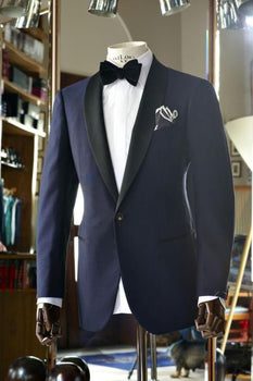 Men's Vested Black Lapel Two toned blue Tuxedo Shawl Collar Single Button