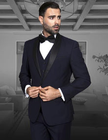 Men's Shawl Collar Single Button  Vested Black Lapel Two toned blue Tuxedo
