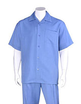 Men's Casual Sky Baby Blue Short Sleeve Plain Two Pieces Casual Two Piece Walking Outfit For Sale Pant Sets Suits with Matching Pleated Pants - Mens Linen Suit