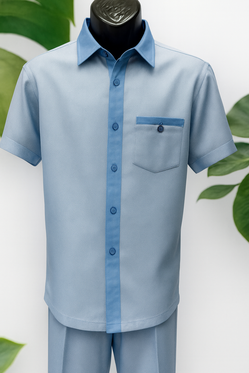 Mens Sky Blue Off White Houndstooth Short Sleeve Walking Suit