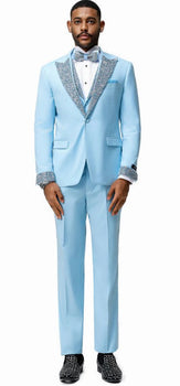 Sky Blue Prom Tuxedo - Perfect Wedding Suit Vested Rhinestone Lapelled